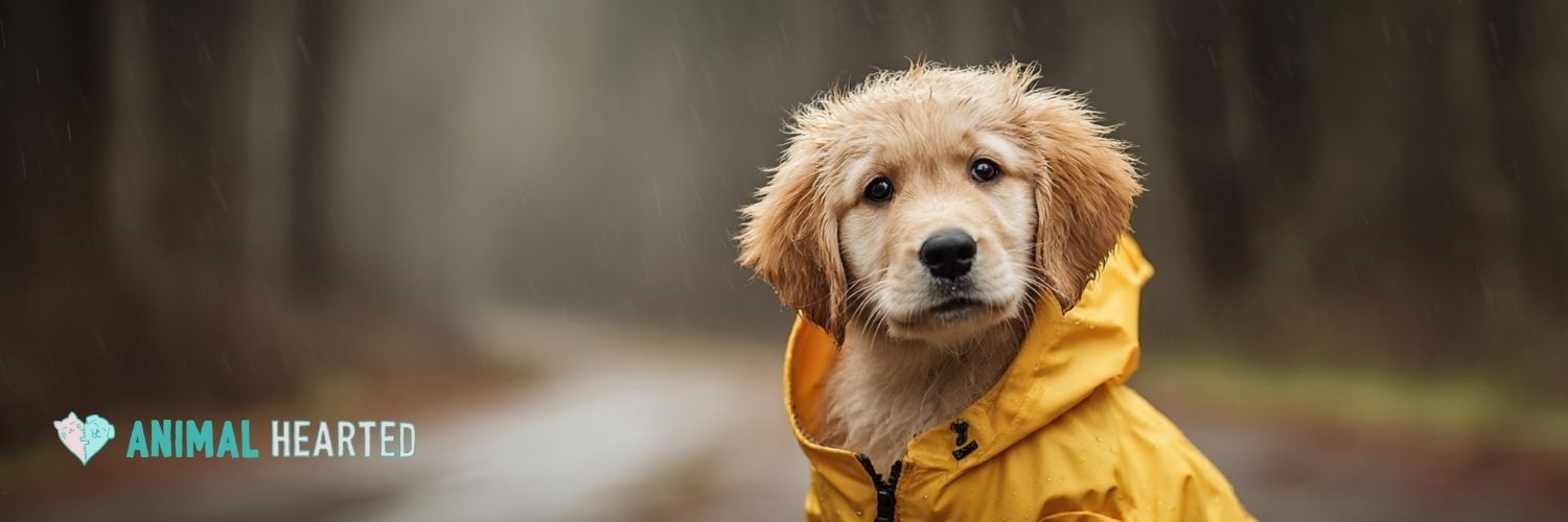 A cute golden retriever puppy wearing an apparel raincoat