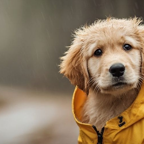 A cute golden retriever puppy wearing an apparel raincoat