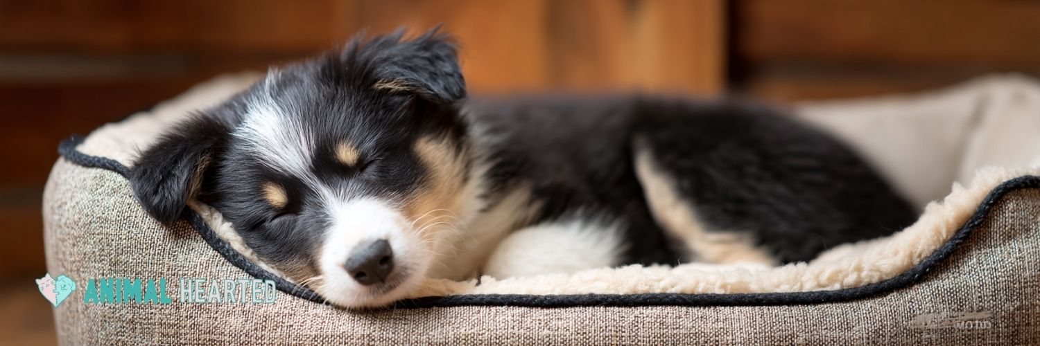 Calming dog bed with sleeping puppy