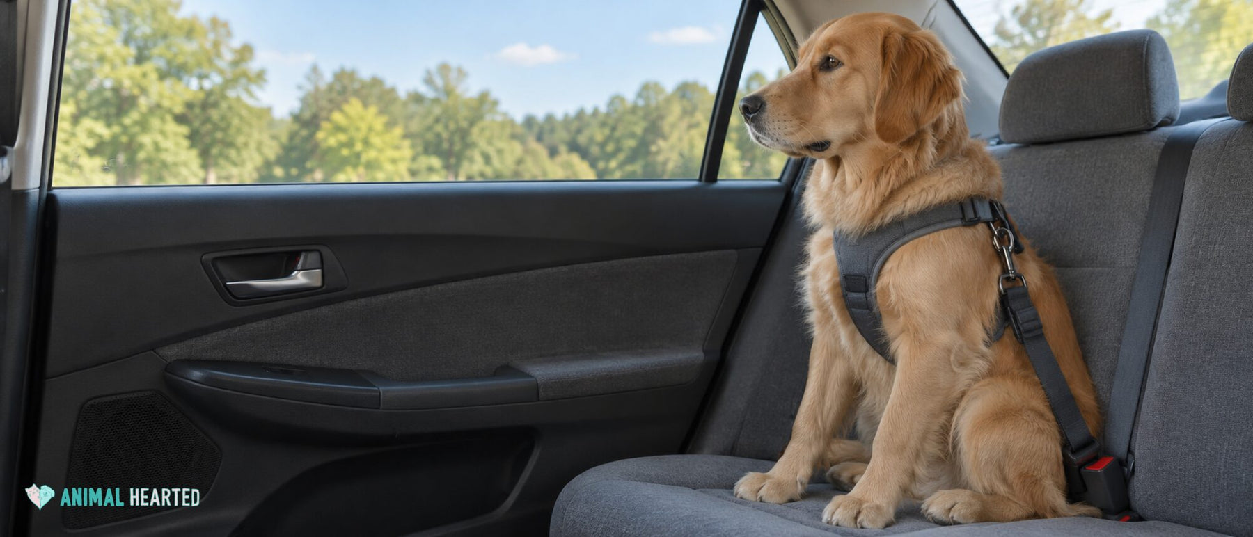 A golden retriever sitting on a gray back seat in a car, wearing a padded harness clipped to the seat belt, with the window up and trees outside