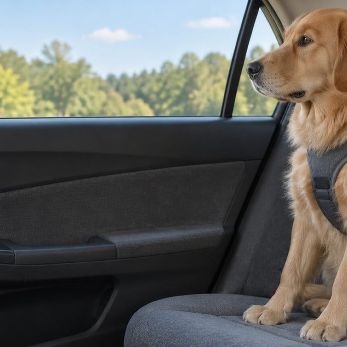 A golden retriever sitting on a gray back seat in a car, wearing a padded harness clipped to the seat belt, with the window up and trees outside