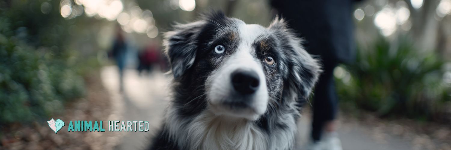 Dog making eye contact with owner during a training moment in the park