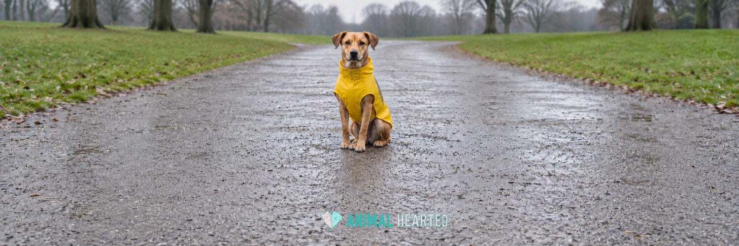 A tan short-coated dog sitting upright on a wet gravel park path in a plain yellow raincoat, facing the camera on an overcast morning