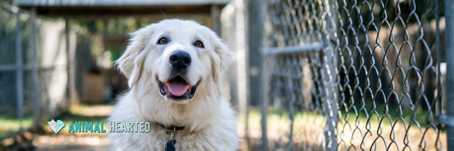 Dog behind a cage in a boarding facility for pets.