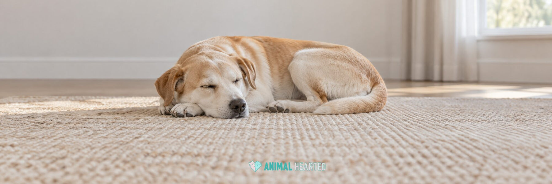 A tan and white dog asleep on its side on a woven rug with its head resting on its front paws