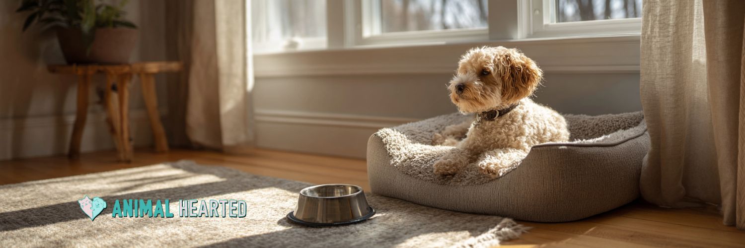 A dog sitting on his bed next to a window in his room
