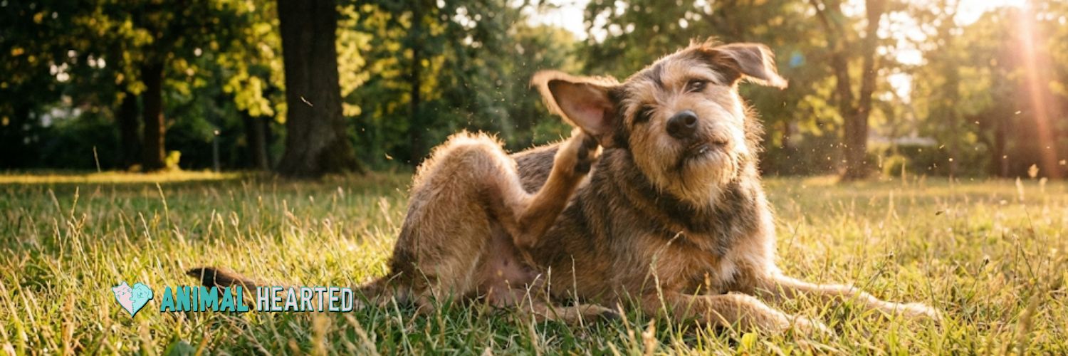 A black lab mix lying in grass, twisting to scratch/bite at its shoulder area, outdoor park setting, golden hour lighting, action shot with slight motion.