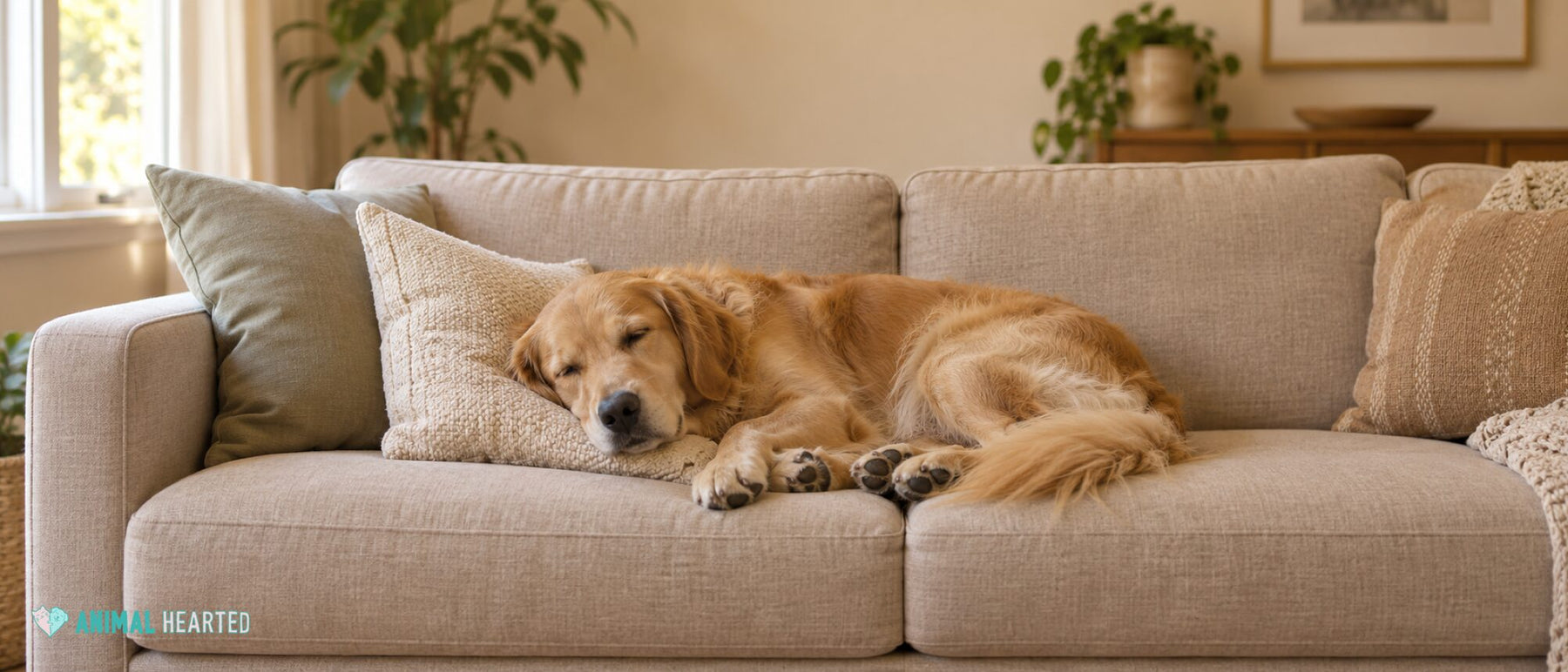 A golden retriever sleeping on a beige sofa with its head on a cushion and its eyes half closed