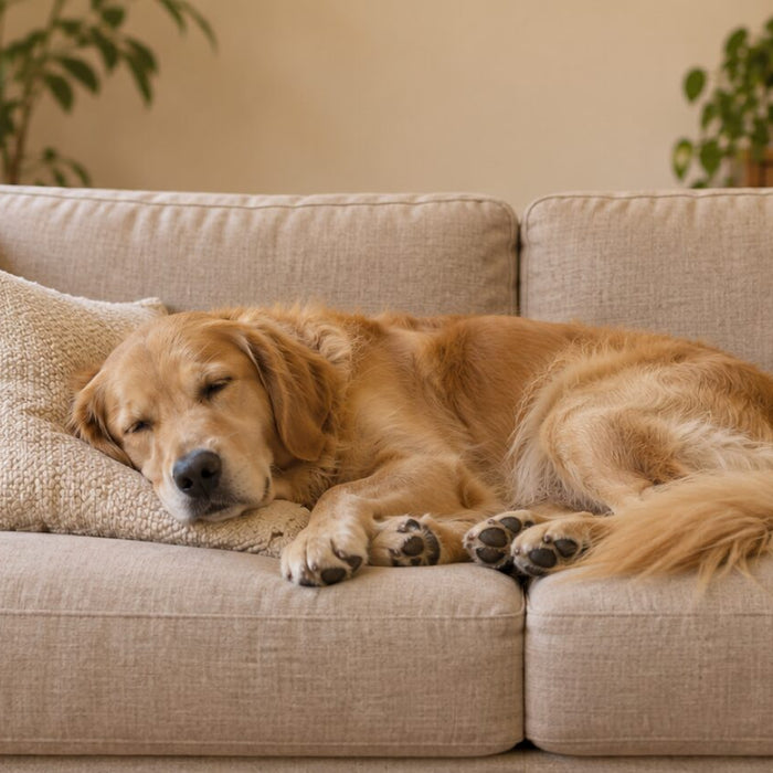 A golden retriever sleeping on a beige sofa with its head on a cushion and its eyes half closed