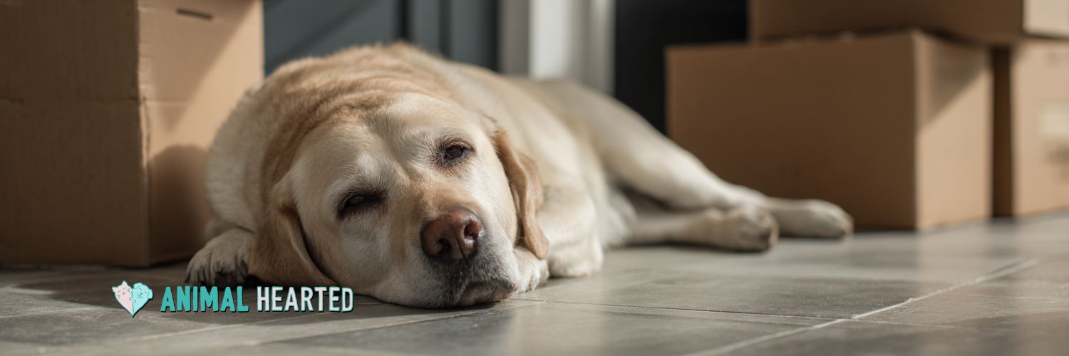 lab resting on floor during unpacking after relocation
