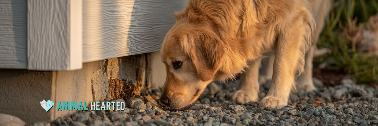 Golden retriever sniffing along a house foundation near a small gap in the siding during early morning light