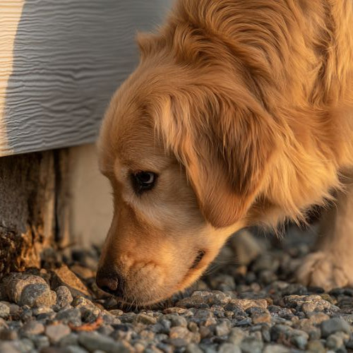 Golden retriever sniffing along a house foundation near a small gap in the siding during early morning light