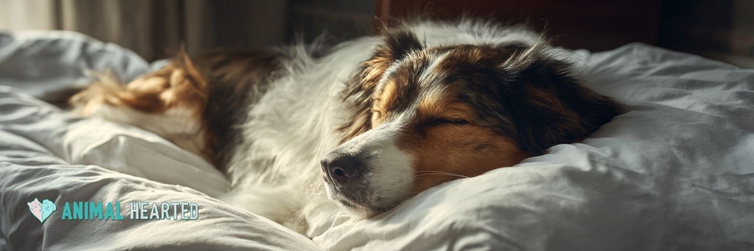 Dog sleeping in bed next to woman
