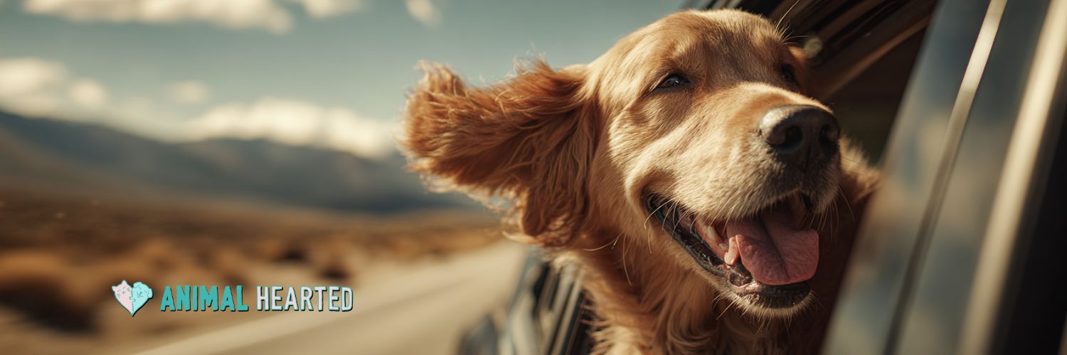 Happy golden retriever with head out of car window and ears blowing in the wind on a sunny day