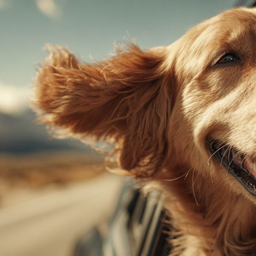 Happy golden retriever with head out of car window and ears blowing in the wind on a sunny day