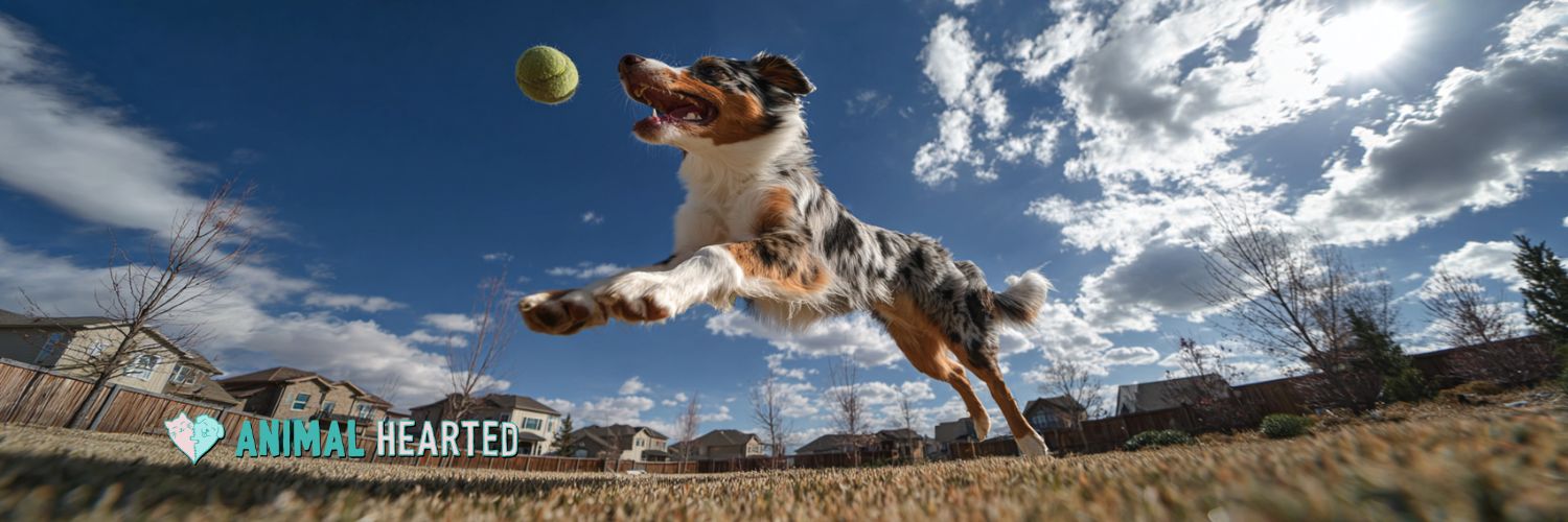 Australian shepherd jumping to catch a tennis ball in an open suburban backyard with no visible fence