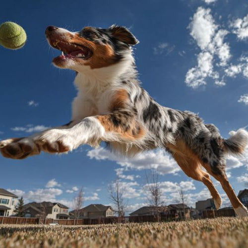 Australian shepherd jumping to catch a tennis ball in an open suburban backyard with no visible fence