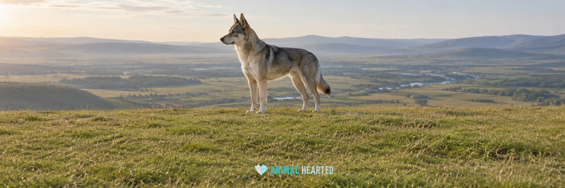 A gray, tan, and cream dog standing on a grassy hilltop and looking out over a wide river valley at sunrise