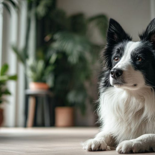 Border collie sitting calmly indoors demonstrating well-behaved emotional support animal in apartment