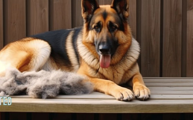 A German Shepherd lying on a wooden bench beside a pile of shed gray undercoat fur