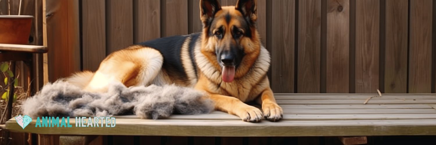 A German Shepherd lying on a wooden bench beside a pile of shed gray undercoat fur