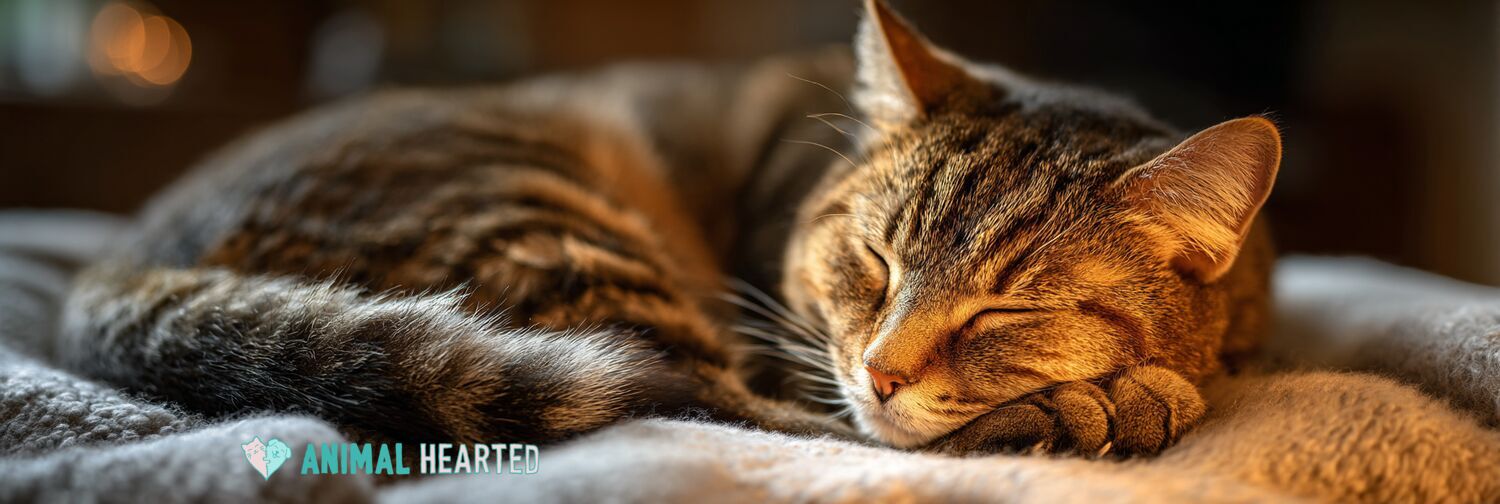 A tabby cat with closed eyes curled up on a gray blanket