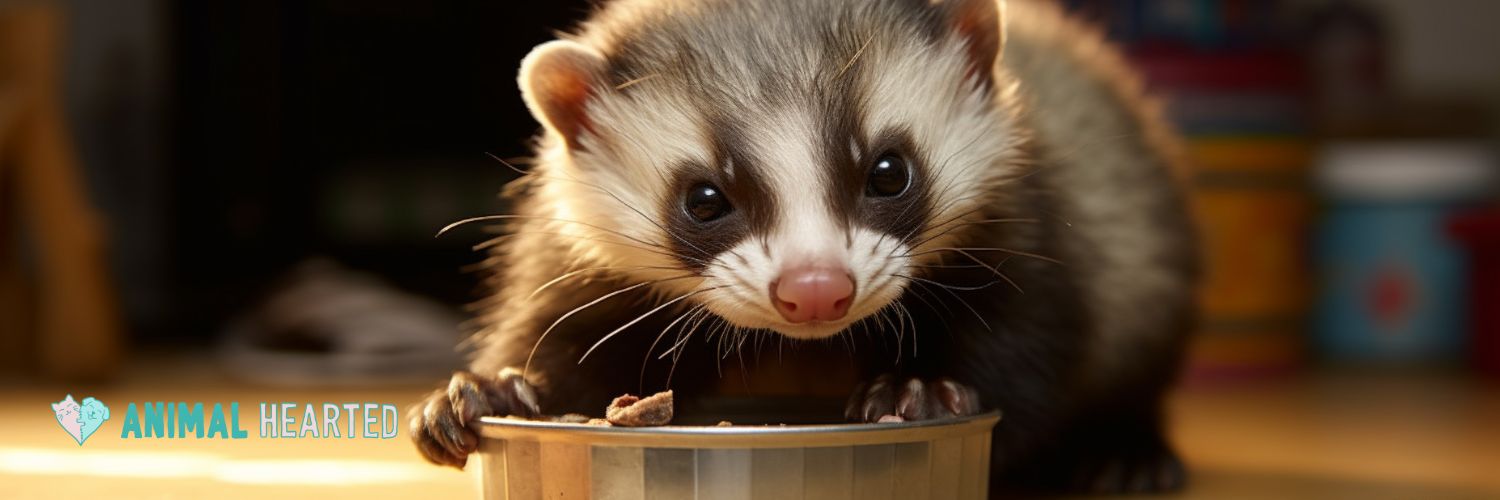 A ferret with its front paws on the rim of a metal food bowl that holds a few pieces of kibble
