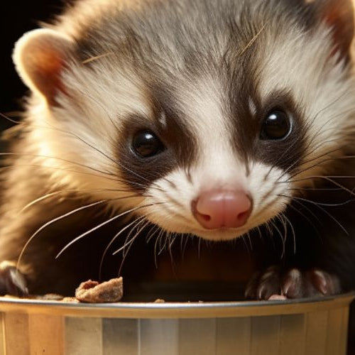 A ferret with its front paws on the rim of a metal food bowl that holds a few pieces of kibble