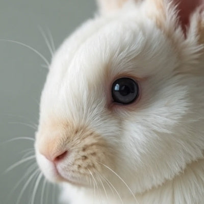 A white rabbit with dark eyes seen in profile against a soft green-grey wall