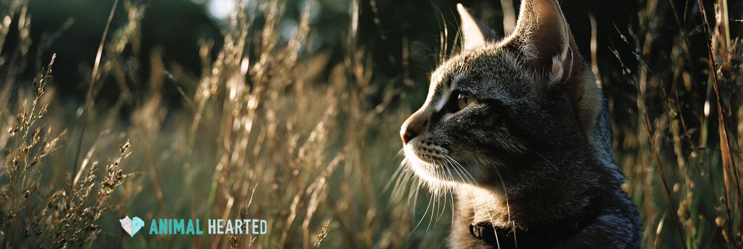 Gray tabby cat wearing a flea collar in golden hour grass