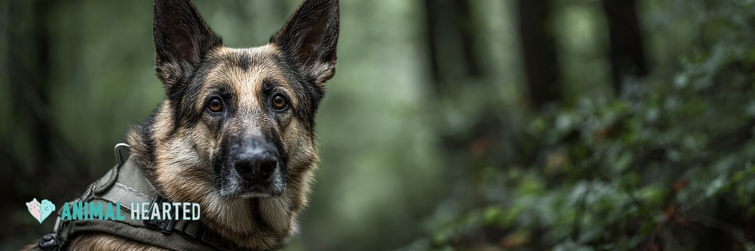 A photo of a german shepherd wearing a harness
