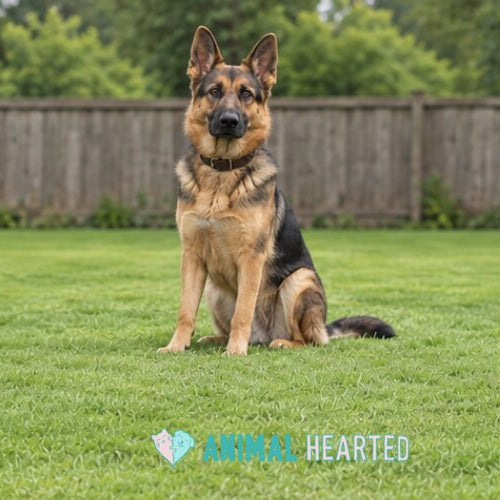 A German Shepherd sitting on a backyard lawn in front of a wooden fence, wearing a plain brown leather collar with its mouth closed