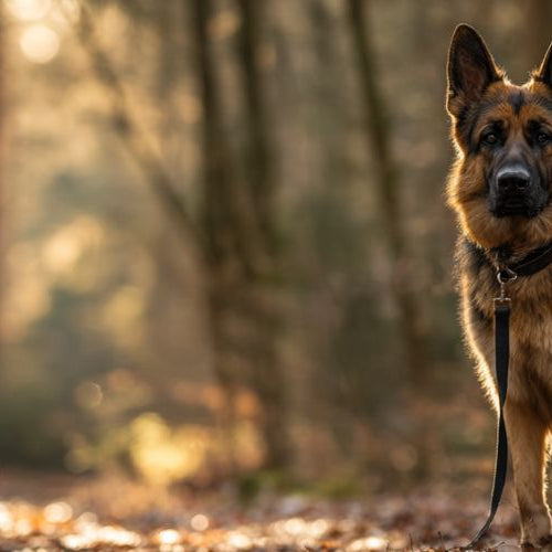 Alert German Shepherd on forest trail with golden hour lighting highlighting intelligent expression and strong build