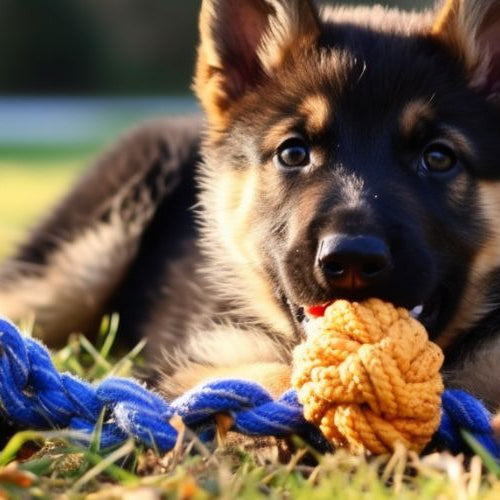 German Shepherd puppy chewing on a rope toy outdoors