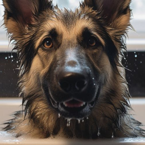 german shepherd taking a bath