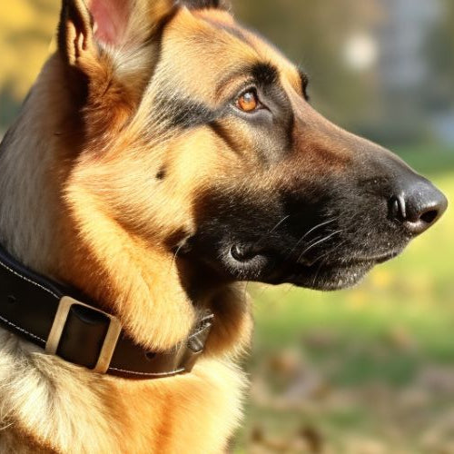 German Shepherd with a collar in a sunny park