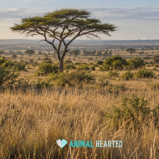 An open savanna with flat-topped acacia trees and dry golden grass in early morning light