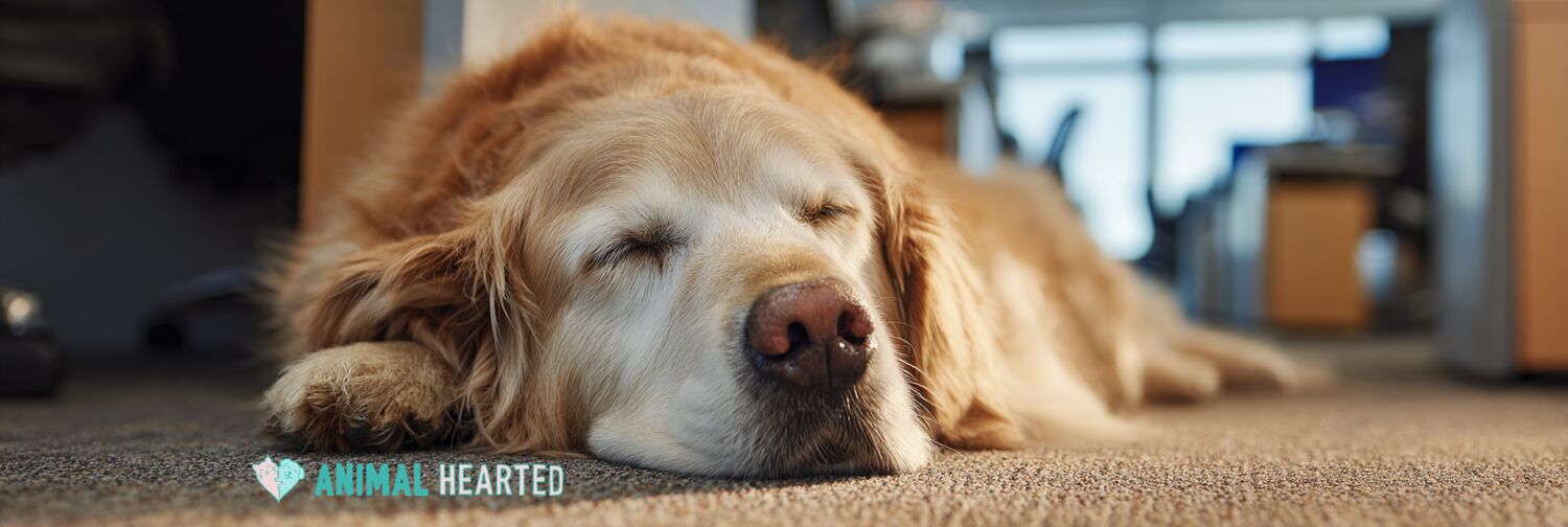Golden retriever sleeping under an office desk