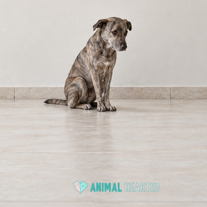A brindle mixed-breed dog sitting on a bare tile floor in front of a plain wall, head lowered and looking down