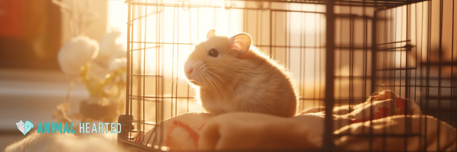 hamster inside an open cage in a bedroom with sunlight in the background