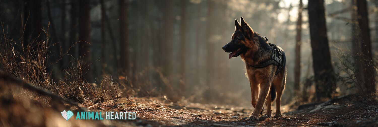 German Shepherd in tactical harness on forest trail