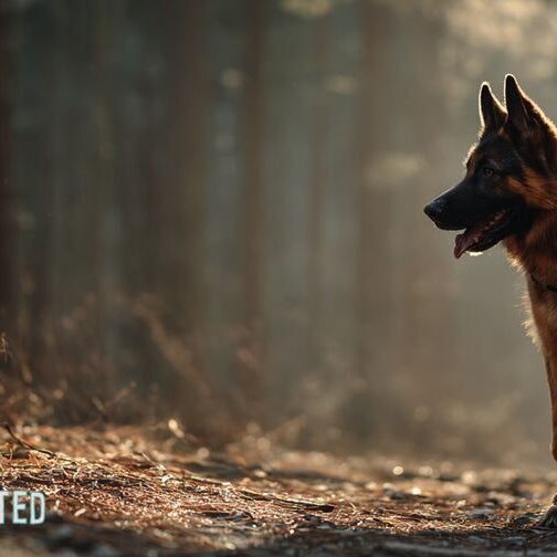 German Shepherd in tactical harness on forest trail