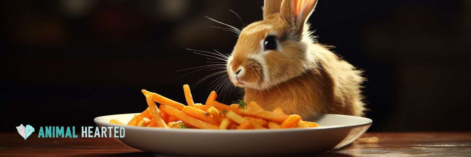A tan rabbit sitting beside a white plate of orange fry-shaped sticks on a wooden table