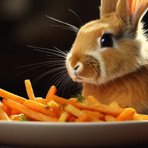 A tan rabbit sitting beside a white plate of orange fry-shaped sticks on a wooden table