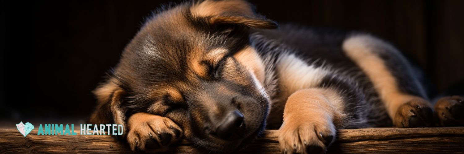 A sleeping German Shepherd puppy resting its head on its paws