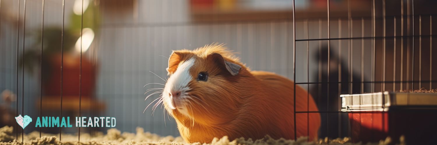 An orange and white guinea pig looking out from behind wire bars on a bed of wood shavings