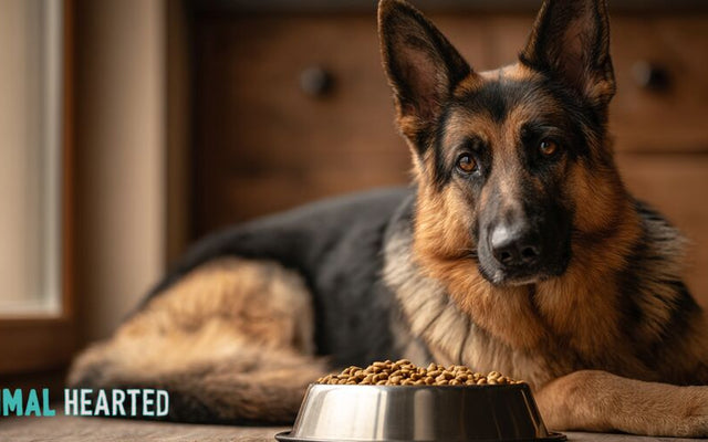 A German Shepherd lying on a wood floor beside a steel bowl of kibble