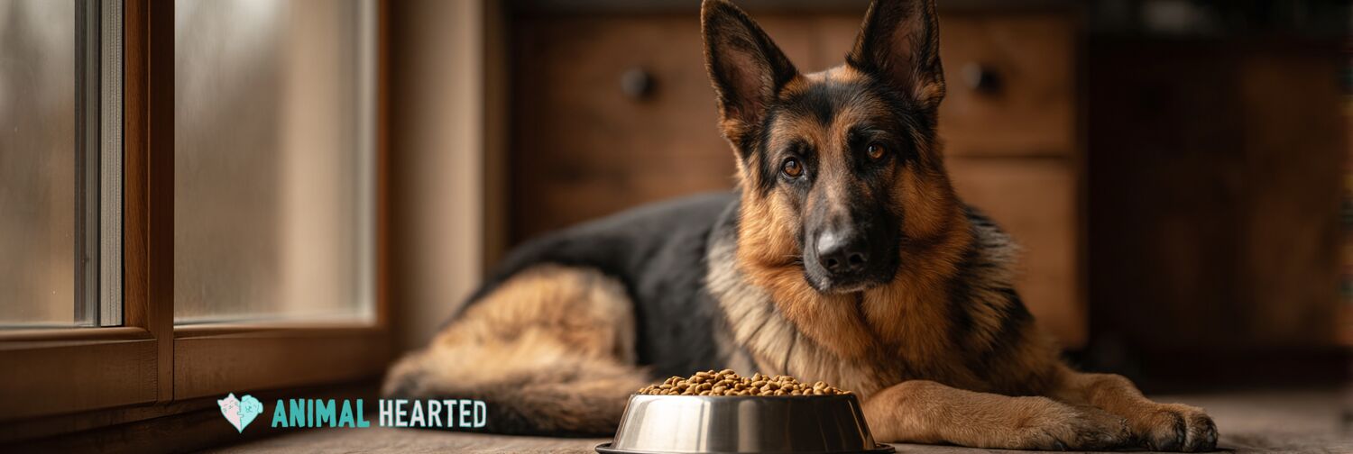A German Shepherd lying on a wood floor beside a steel bowl of kibble