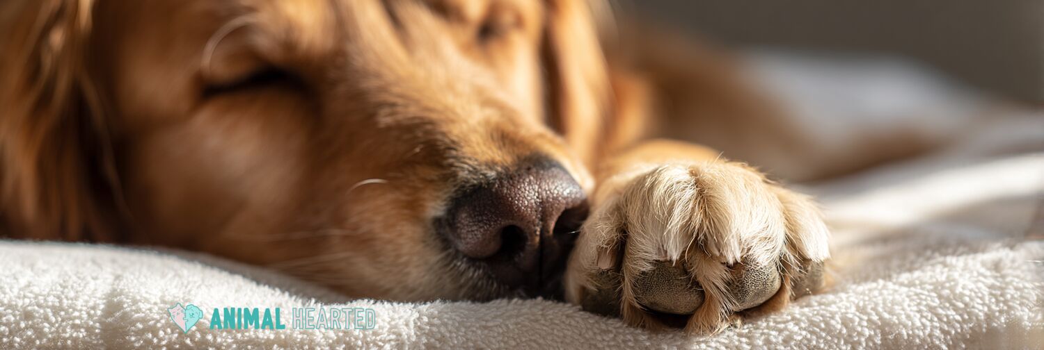Close-up of a golden retriever's paw with trimmed nails