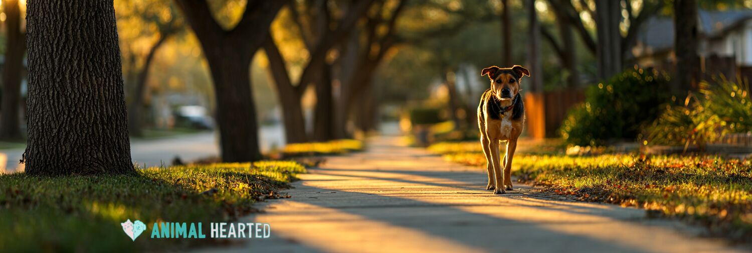 Dog walking on a tree-lined neighborhood sidewalk at golden hour